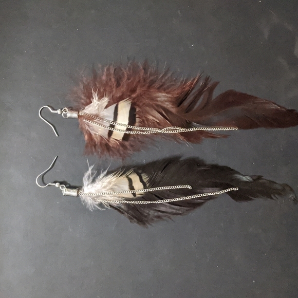 𝅺Silver Tone Brown Feather and Chain Long Dangle Statement Earrings - Picture 1 of 1